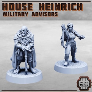 Puede incluir: Dos figuras en miniatura sin pintar. Una figura es un hombre barbudo con capa, sosteniendo un bastón. La otra es una mujer que sostiene un arma futurista. El texto "HOUSE HEINRICH MILITARY ADVISORS" está en la parte superior.