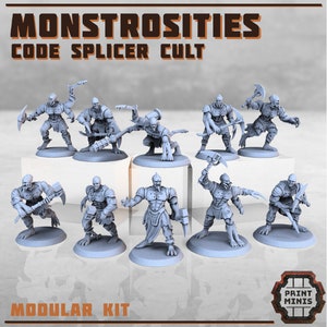 Könnte beinhalten: Ein Set aus neun grauen 3D-gedruckten Miniaturen von monströsen Figuren mit verschiedenen Waffen und Posen. Die Miniaturen sind Teil eines modularen Sets namens "Monstrosities Code Splicer Cult".