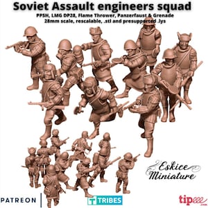Op de afbeelding: Een set van 28 mm schaal, 3D geprinte, ongeverfde plastic miniaturen die Sovjet-aanvalspioniers voorstellen. De miniaturen zijn bewapend met PPSH-machinepistolen, DP28-lichtemissiewapens, vlammenwerpers, Panzerfaust-antitankraketten en granaten. De miniaturen zijn ontworpen om te worden geschaald en vooraf ondersteund voor 3D-printen.