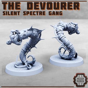 May include: Two light grey miniature figures of a creature with a mechanical body and a human-like head. The figures are on round bases. The text "THE DEVOURER" and "SILENT SPECTRE GANG" is at the top of the image. The Print Minis logo is at the bottom right.