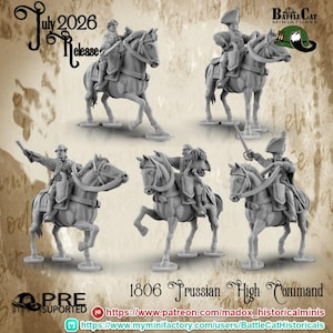 May include: Five grey miniature figures of soldiers on horseback, each wearing 19th-century military uniforms and hats. The text reads July 2026 Release, Battle Cat Miniatures, and 1806 Prussian High Command, along with two web addresses.