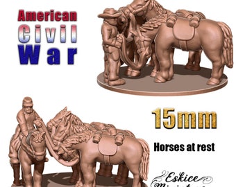 May include: A set of four 15mm scale painted metal miniature horses at rest. The horses are brown and have saddles and other gear. The horses are posed in a relaxed stance, with their heads down. The miniatures are part of a set for the American Civil War.