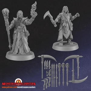 Puede incluir: Colección de figuras y armas de fantasía en miniatura grises. Se representan dos figuras, una con un báculo con calavera y otra con una guadaña. Armas adicionales incluyen guadañas, cuchillos y báculos con calaveras. El logotipo de "Monstrous Encounters" es visible.