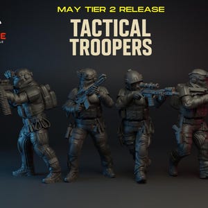 May include: Four figures in tactical gear, holding rifles, are depicted in this image. The text "TACTICAL TROOPERS" and "MAY TIER 2 RELEASE" are visible. The figures are dark-coloured and in a combat stance. The Turnbase logo is in the upper left.