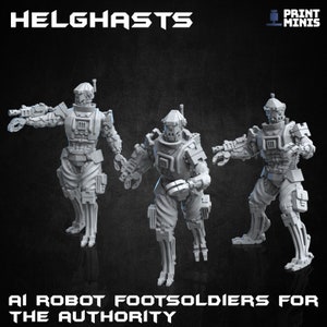 May include: Three grey 3D printed robot figures, standing in a row. The robots are humanoid in shape, with articulated limbs and weapons. The robots are labelled "Helghast AI Robot Footsoldiers for The Authority".
