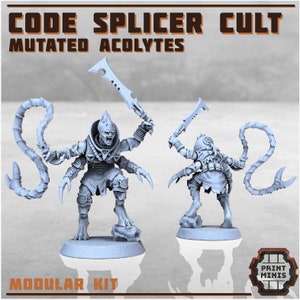 May include: Two grey miniature figures of mutated acolytes from the "Code Splicer Cult" modular kit. One figure holds a blade, the other has a tentacle-like appendage. The figures stand on rocky bases.
