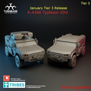 May include: A 3D printed model of a K-4386 Typhoon VDV armoured vehicle, a military vehicle used by the Russian Airborne Troops. The model is in grey plastic and is pre-supported for 3D printing.