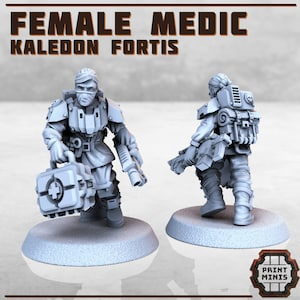 May include: A 3D printed miniature of a female medic figure, holding a medical kit and a weapon. The figure is wearing a helmet and a gas mask. The figure is standing on a round base. The text "FEMALE MEDIC KALEEDON FORTIS" is visible at the top of the image.