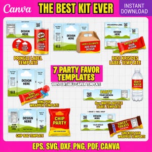 Puede incluir: Una colección digital de siete plantillas para recuerdos de fiesta que incluye diseños para latas de Pringles, cajas tipo gable, Rice Krispies, Ring Pops, botellas de agua de 236ml, bolsas de papas fritas y barras Snickers con áreas de texto editables.