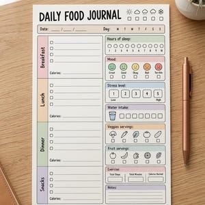 May include: A daily food journal planner sheet with sections for breakfast, lunch, dinner, and snacks. It includes trackers for sleep, mood, stress, water, veggies, fruit, and exercise. The page features pastel colour blocks and black text.