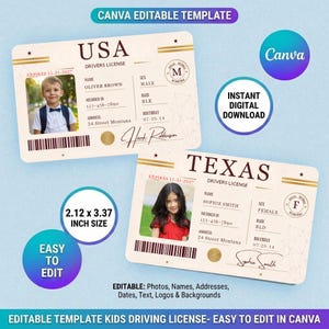 May include: Two editable Canva templates for children's driving licences, one marked USA and one Texas. Each includes a placeholder photograph, name, address, date of birth, and signature fields. The cards measure 2.12 by 3.37 inches and feature a barcode.