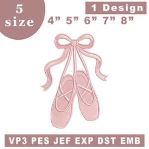 Puede incluir: Un diseño de bordado de zapatillas de ballet rosa claro atadas con un lazo de cinta a juego. El texto incluye 5 size 4" 5" 6" 7" 8" 1 Design y formatos VP3 PES JEF EXP DST EMB. Las zapatillas de ballet presentan correas cruzadas y textura.