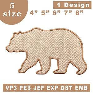 May include: An embroidered bear patch featuring a beige and white herringbone pattern with a solid brown border. The text 5 size 4" 5" 6" 7" 8" 1 Design and VP3 PES JEF EXP DST EMB is visible, indicating the available sizes and file formats.