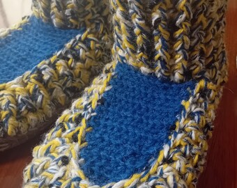 Hand-made Krochet slipper Boots with double soles - KB1, Blue/Yelow