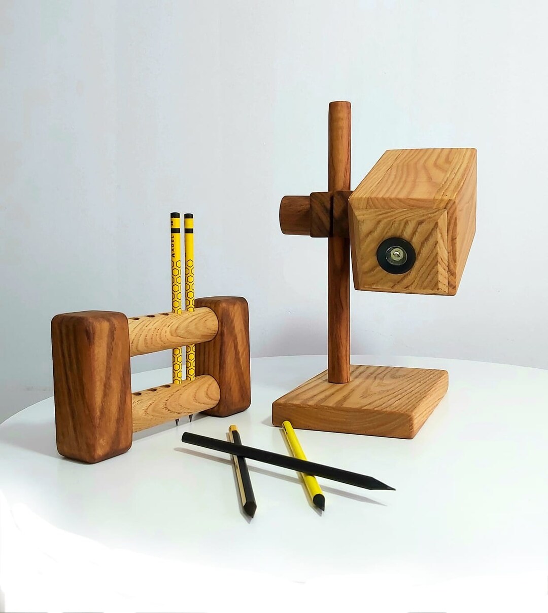 Modern Camera Lamp and Pencil Case Articulated Chestnut Wood Desk Lamp ...