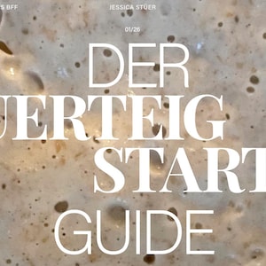 May include: Close-up of sourdough starter with the text "DER SAUERTEIG STARTER GUIDE" in white. The image has a light brown, bubbly texture, with the words "HOW TO BECOME YOUR STARTERS BFF" at the top left.