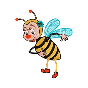 Puede incluir: Una abeilla de dibujos animados con rayas amarillas y negras, mejillas rojas y una flor azul en la cabeza. La abeilla lleva un atuendo amarillo y azul y tiene las alas extendidas.