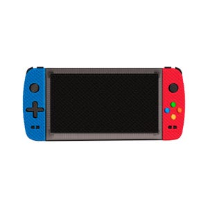 May include: A blue and red handheld video game console with a black screen and colourful buttons.