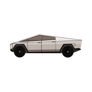 May include: A white electric pickup truck with black wheels and a brown tinted window. The truck is shown in profile view.