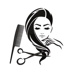 May include: Black and white illustration of a woman with long hair, a comb, and scissors. The woman is looking down with her eyes closed. The comb and scissors are in the foreground.