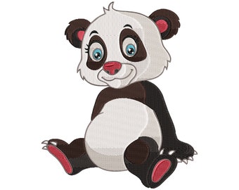 Puede incluir: Un oso panda de dibujos animados con pelaje blanco y negro, sentado con las piernas cruzadas y una gran sonrisa. El panda tiene ojos grandes y azules y una nariz rosa.