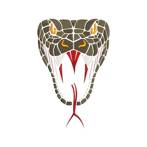 May include: A close-up of a snake's head with its mouth open, showing sharp teeth. The snake has a green and brown patterned skin with yellow eyes. The snake's tongue is red and forked.