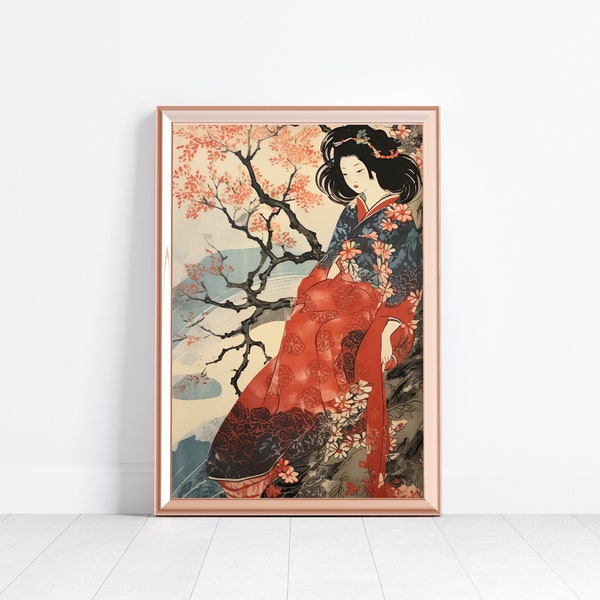 Kunstdruck Poster Digitaldruck Frau Kimono Asien Japan Blumen Geisha, Tokyo-Stil Größe A5 - A1, Wandkunst, Kunst, Wandbild