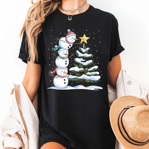 Snowman Christmas Tree Shirt, Cute Holiday Winter Tee, Festive Snowman Graphic T-Shirt, Xmas Gift for Women