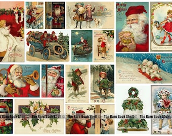 Puede incluir: Un collage de postales navideñas vintage con imágenes de Papá Noel, niños y escenas festivas. Las postales están decoradas con acebo, nieve y otros elementos navideños. El texto en las postales incluye "A Merry Christmas", "Christmas Greetings" y "Merry Xmas".
