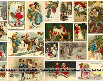 Wonderful Printable Vintage Christmas Cards Collage Sheet - Victorian Children Images Decorations Retro Tags Santa Holly Snow Designs - 0002