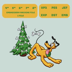 Weihnachts-Stickdatei mit Pluto-Hund, Hundeknochen-Baum-Stickdatei, verspielter Weihnachtswelpe (PES/DST, 4–8 Zoll)