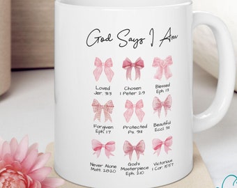 Tazza Dio dice che sono, tazza cristiana, tazza con versetto della Bibbia, fiocco civettuolo, regalo religioso, tazza femminile, Dio dice che sono, tazza religiosa