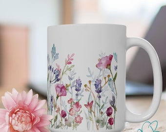 Ceramic Mug, Wildflower Mug, Floral Mug, Gift for Mom, Gift for Her, Pretty Mug, Gift for Her, Spring colored wildflowers, Feminine Cup