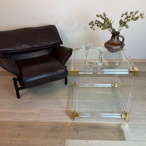 Vintage Charles Hollis Jones coffee table. Plexiglass, glass, and brass, 1970s.