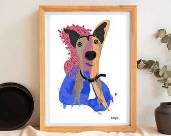 May include: A framed illustration of a dog named Ralph. The dog is brown, black, and pink with a blue and white collar. The background is white with a blue and white abstract design.