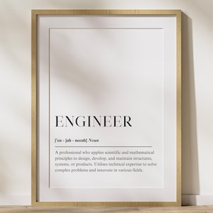 Ingenjörsdefinitionposter, minimalistisk ordboksväggkonst, inspirerande tryck för kontor eller arbetsyta
