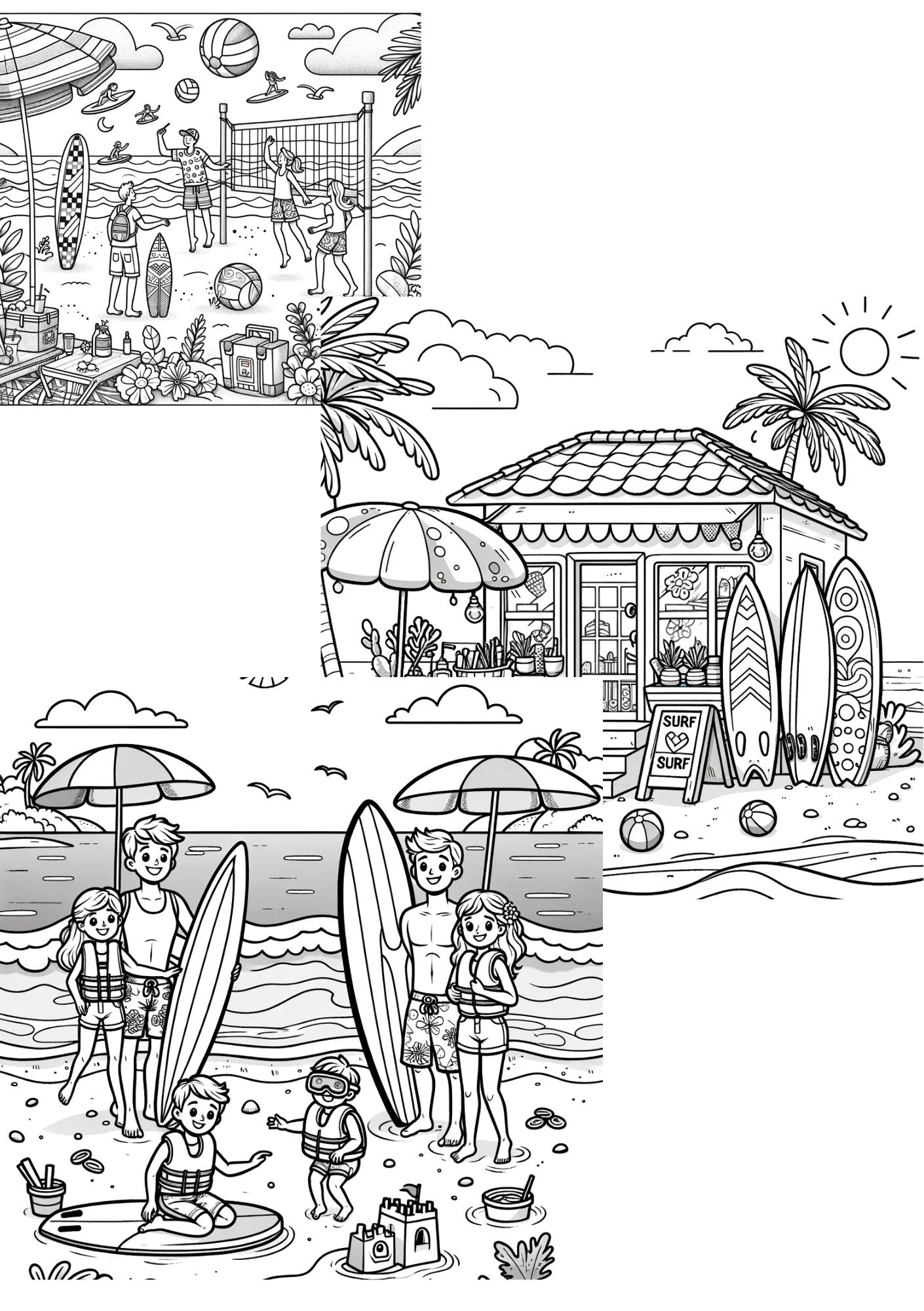 Surfing Coloring Book for Kids: Beach Summer Activity (instant Download ...