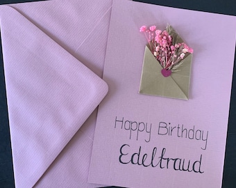 Geburtstagskarte mit Trockenblumen, personalisiert