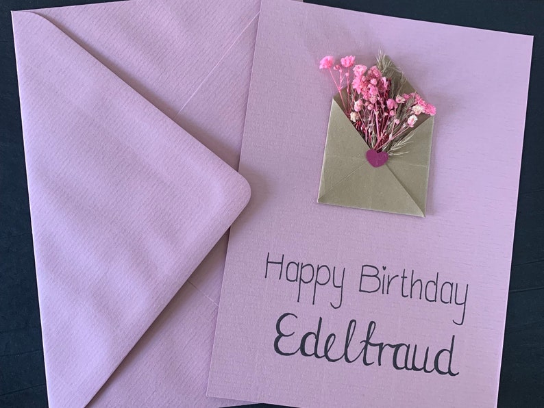 Birthday card with dried flowers, personalized image 1