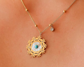 Collier pierre bleue en acier inoxydable, collier bleu en or, collier délicat en acier doré pour femme, collier pendentif en or pour femme