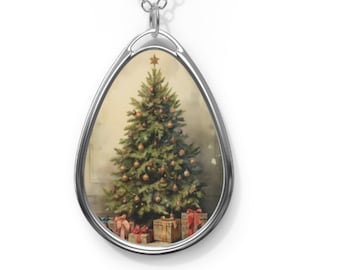 Vintage Christmas Tree Oval Necklace Christmas Jewelry Vintage Holiday Pendant Christmas Tree Jewelry Holiday Necklace Christmas Necklace