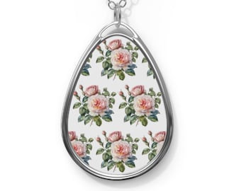 Pink Wild Roses Oval Necklace Pink Rose Pendant Flower Necklace Garden Jewelry Pink Necklace Romantic Flower Jewelry Wildflower Necklace