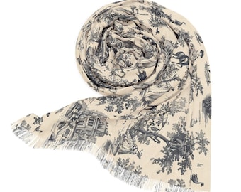 Black Toile Scarf French Country Scarf Horse Print Scarf Black and White Scarf Elegant Toile Scarf Chic Equestrian Scarf Classic French Gift