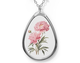 Pink Peony Oval Necklace Pink Peonies Flower Pendant Peonies Jewelry Peony Pendant Pink Necklace Floral Jewelry Mom Flower Necklace Gift