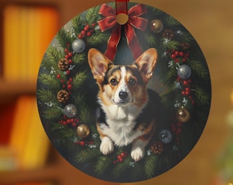 Corgi Dog Christmas Tree Ornament, Oil Painting Style Wreath Decoration Cute Dog Lover Gift Welsh Corgi Art Decor Holiday Dog Ornament Gift