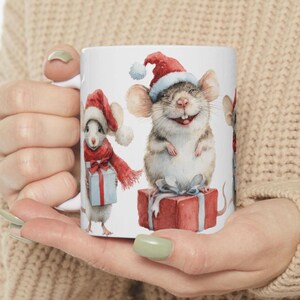 Christmas Mice Mug Holiday Coffee Cup Mouse Santa Hat Tea Mug Animal Hot Cocoa Mug Cute Kids Cocoa Mug Christmas Kids Gift Mouse Lover Mug image 1