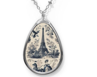 French Eiffel Tower Pendant France Necklace Eiffel Tower Unique French Blue Toile de Jouy Pendant Vintage French Jewelry for French Lover