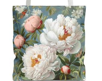 Peony Tote Bag (AOP) Vintage Peony Flower Tote Retro Peony bag Floral Print Tote Bag Cottagecore Tote Vintage Inspired Tote Feminine Gift