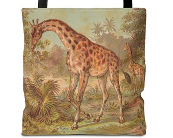 May include: A tote bag featuring a vintage illustration of two giraffes in a jungle setting. The giraffes are brown and tan with spots, and the background is a muted green and brown.