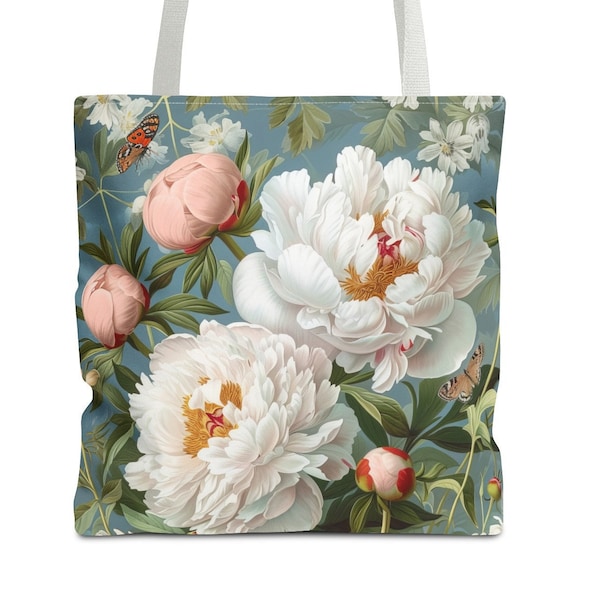 Peony Flower Tote Bag (AOP) Vintage Peony Tote Retro Peony bag Floral Print Tote Bag Cottagecore Tote Vintage Inspired Tote Feminine Gift